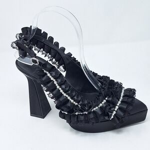 Dolls Kill Sugar Thrillz Lace And Pearls Ruffle Pointed Toe Sling Back Platform